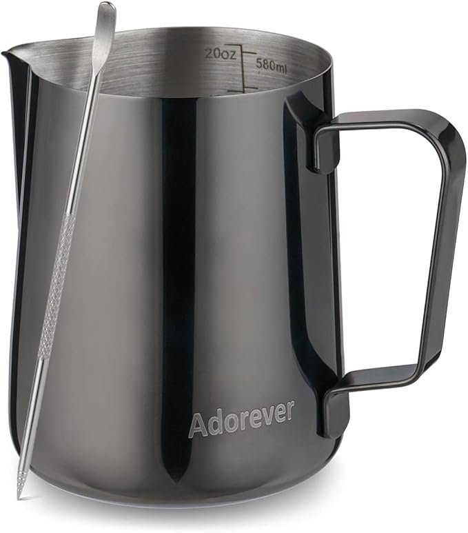 Milk Frothing Pitcher, 600ml (20oz) Steaming Pitchers Stainless Steel Milk Coffee Cappuccino Latte Art Barista Steam Pitchers Milk Jug Cup with Decorating Art Pen, Bright Black