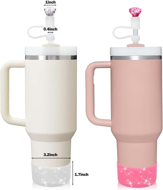 Mity rain Set for Stanley Cup Accessories, Including 2Pcs Diamond Straw Topper, 2 Pcs Silicone Spill Proof Stopper, 2Pcs Protective Glitter Silicone Boot, Pink and White Set for Stanley Cup 40/30 OZ