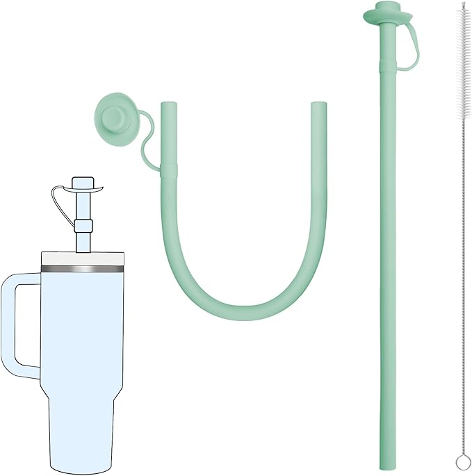 Reusable Silicone Straws with Cover, Bite-Safe, 12”Long Collapsible Drinking Straws for Stanley Owala Cups, Tumblers & Travel – Trim to Fit Any Cup (Green)