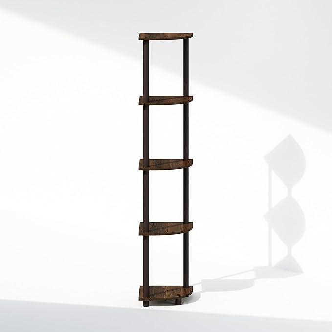 Furinno Turn-N-Tube Corner Shelf, 5-Tier Corner Display Rack, Shelving Unit, for Organization and Storage, Living Room, Home Office, Garage, Bedroom, Walnut