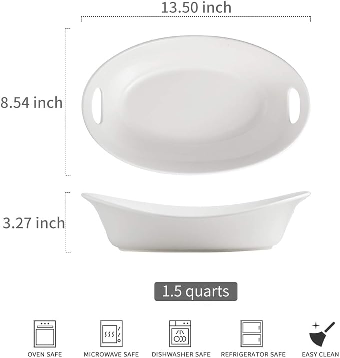 YHOSSEUN Large Serving Bowl with Handles, 1.5 Quarts Oval Serving Platter for Turkey, Thanksgiving Serving Dishes for Entertaining, Ceramic Salad Bowls Set of 2 White