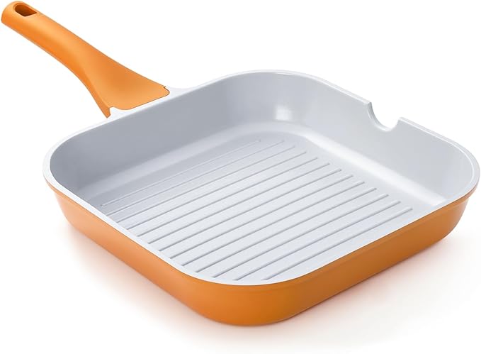 KOCH SYSTEME CS 9.5 Inch Nonstick Grill Pan for Stove Tops, Square Griddle Pan with Pour Spouts, Grill Pan for Indoor Cooking, Grill Skillet with Bakelite Handle, PTFE & PFOA Free, Orange