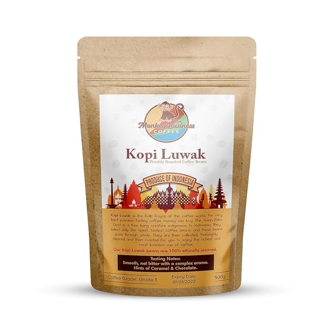 Monkey Business Coffee - Wild Kopi Luwak Coffee Ground Beans - Sustainably Sourced (from Indonesia) - 500 Grams