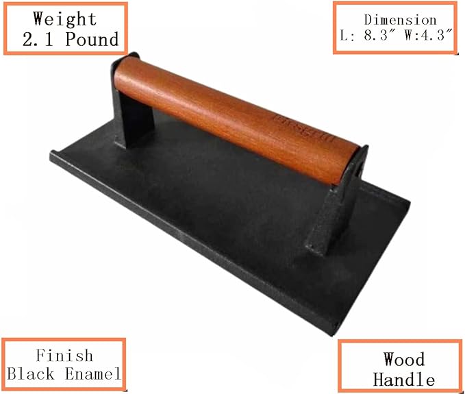 Firsgrill Burger Press 6.6" Round Heavy-Duty Cast Iron Smash Meat Steak with Wood Handle for Blackstone Weber Treager Griddle Grills (YPX) (6.5" Round & 4.3X8.3 Rectangle)