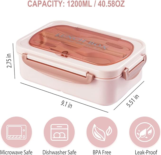 NatraProw Bento Box for Adult, 1200 ML Lunch Containers for Adults, LeakProof Lunch Box with Utensils, BPA Free, 3 Compartment Bento Box Microwave Safe, Pink