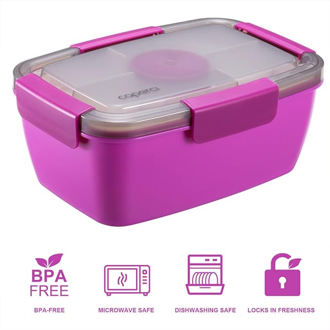 Caperci Large Salad Container Bowl for Lunch - Better Adult Bento Lunch Box 68 oz, 5-Compartment Tray, 2pcs 3-oz Sauce Cups, Stackable, BPA-Free (Purple)