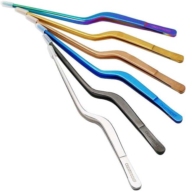 CREATIVECHEF 8 Inch Curved Stainless Steel Precision Kitchen Cooking Multi-function Tweezers Culinary Offset Tweezer Tongs (Curved,black)