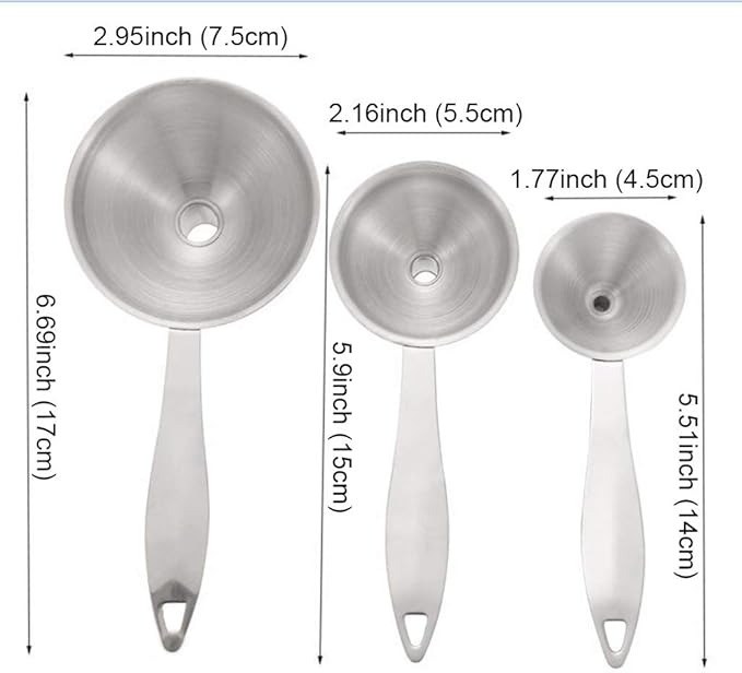 Stainless Steel Funnels, 3 in 1 Metal Kitchen Funnels for Filling Bottle with Handy Handle for Transferring Essential Oils, Liquid, Fluid, Dry Ingredients & Powder, Durable and Dishwash
