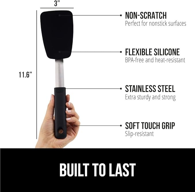 GORILLA GRIP Patented BPA-Free Non-Scratch Spatula, Heat Resistant Silicone Head for Nonstick Cooking Pans, Soft Rubber Handle, Kitchen Spatulas for Flipping, Holiday Prep Essentials, 11.6 in, Black
