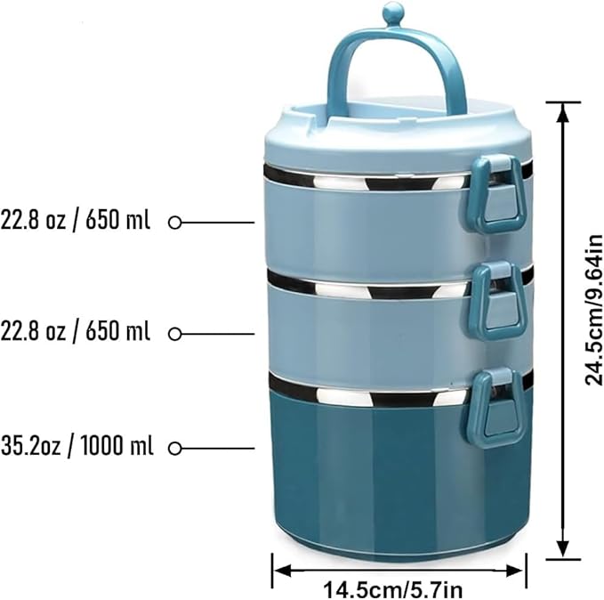 SANQIAHOME 3 Tier Stackable Stainless Steel Lunch Box Sealed(blue, 3 layers) with spoon and fork