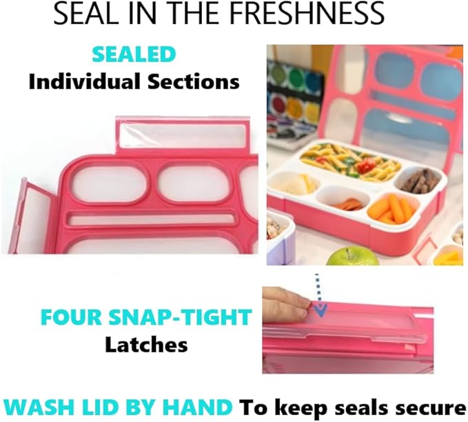 Bento-Box Lunch-box Containers for Kids Girls Toddler Women, 6 Compartment School Portion Container Kit, Meal or Snack Boxes for School Daycare Travel, BPA-Free Pink