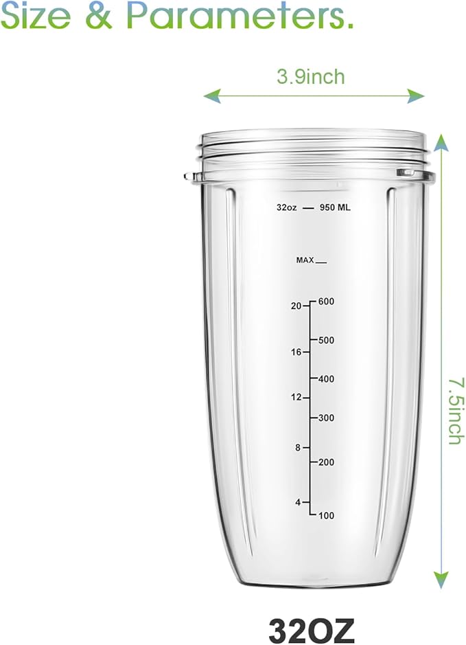 Replacement Parts 32oz Blender Cups (2 Packs) Replacement Blender Cups Compatible with NutriBullet 600w and 900w Blender