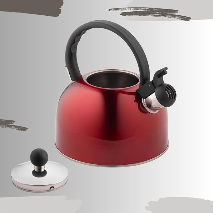Venoly 2.5 Liter Whistling Tea Kettle - Modern Stainless Steel Whistling Tea Pot for Stovetop Hot Water Boiler with Cool Grip Ergonomic Handle (Wine Red, 2.5 Liter)