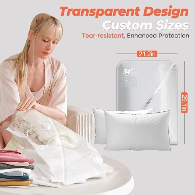 Vacuum Seal Bags for Clothing Travel, 8 Pack 34" Vacuum Storage Bags with Wireless Charging Pump Compression Packing for Clothes Blanket Bedding Suitcase Luggage, Space Saver for Travel