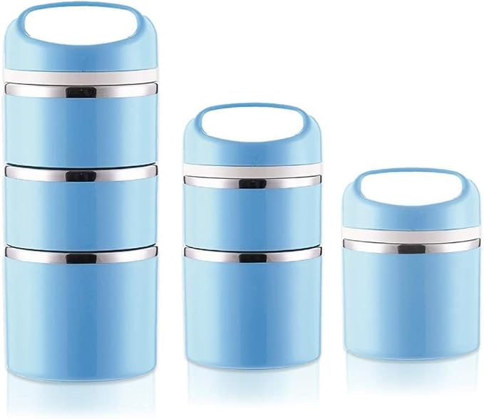 Lille Home Stackable Stainless Steel Thermal Compartment Lunch/Snack Box, 3-Tier Insulated Bento/Food Container with Lunch Bag, Utensils Set and Three Extra Seals, 43OZ (Blue)