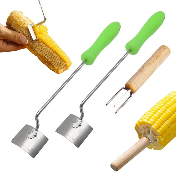 Easy Clean Corn Cob Peeler, 2025 New Corn On The Cob Stripper Tool with Long Handle, Stainless Steel Corn Cutter for Corn Cob With Corn Holder (Green-2 pcs)