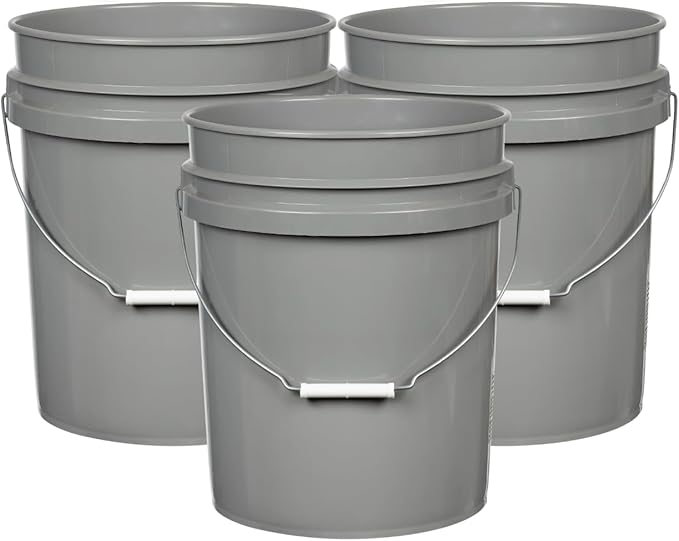 House Naturals 5 Gallon Premium HPDE Plastic Bucket - Made in USA Food Grade Storage Container, BPA Free All Purpose Pail (3, Gray)