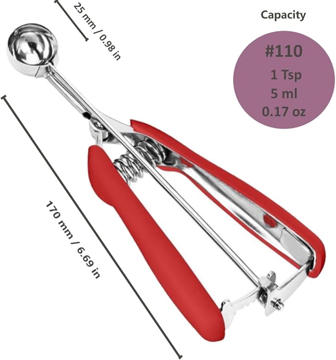 Cookie Scoop, 18/8 Stainless Steel Cookie Scooper, Mini Cookie Scoops for Baking, 1Tsp/5ml/ 0.17oz Tbsp Cookie Dough Scoop, Melon Scooper with Trigger Release, Cookie Scooper for Baking(Red)