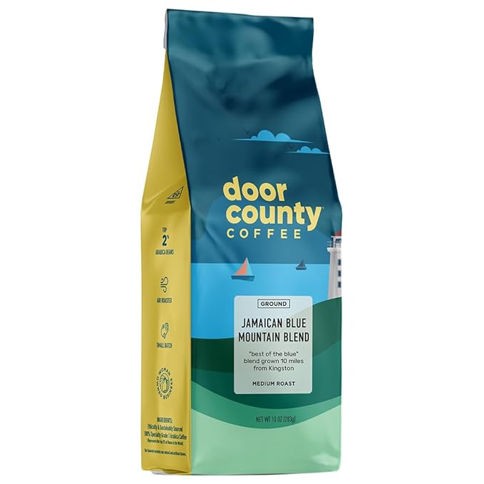 Door County Coffee Jamaican Blue Mountain Blend Non-Flavored - 10 oz Bag - Medium Roast - 100% Arabica - Jamaican Blue Mountain Blend
