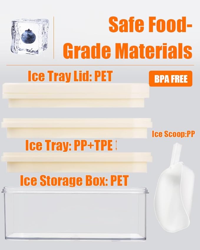 Brigii Ice Cube Tray with Lid&Bin, Ice Cube Mold with 56 Cubes, Stackable Ice Trays for Freezer with Easy-Release Silicone Bottom, for Drinks, Coffee, cocktail