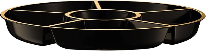 Plasticpro 6 Sectional Round Plastic Serving Tray/Platters Black & Gold Pack of 8