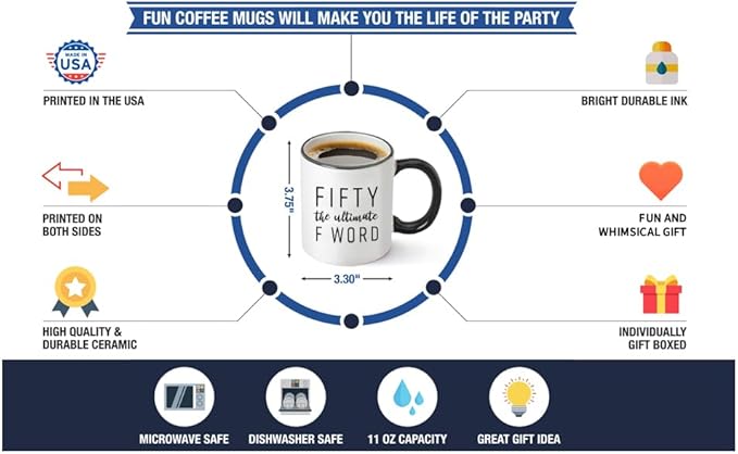Gelid Fifty The Ultimate F Word - 50th Birthday Gifts for Women and Men - Funny Bday Gift Idea for Mom Dad Husband Wife - 50 Year Old Funny 11 oz Tea Cup Coffee Mug