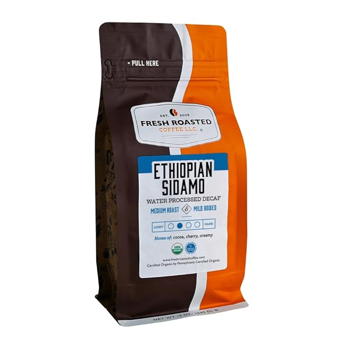 Fresh Roasted Coffee, Organic Ethiopian Sidamo Water-Processed Decaf | USDA Organic, 100% Single Origin, Kosher | Medium Roast 12 oz Whole Bean