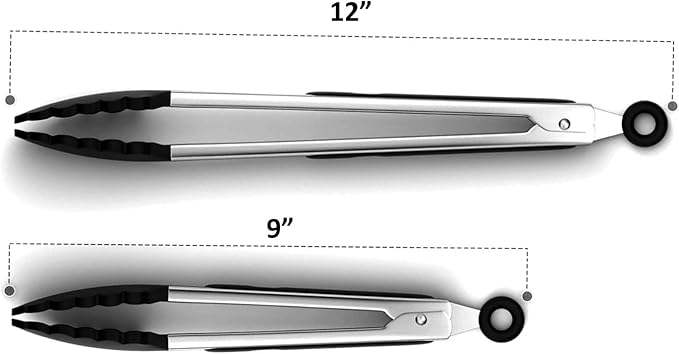 Black Stainless Steel Tongs Heat Resistant Kitchen Tongs Set - 9" & 12" Inch, BBQ Tongs with Silicone Tip, Strong Grip for Cooking, Salad Tossing, Air Fryer, & Grill Tongs- Pull Lock, Black - Set of 2