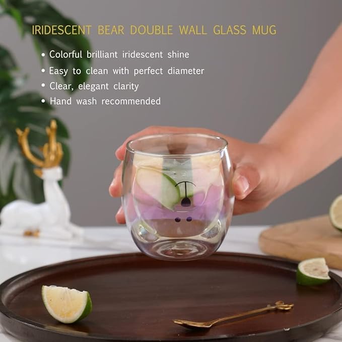 Cute Mugs Double Wall Glass Coffee Glass Cup Kawaii Bear Tea Milk Cup Funny Mug Animal Mug Aesthetic Cup for Office and Personal Birthday Gift (Iridescent Bear)