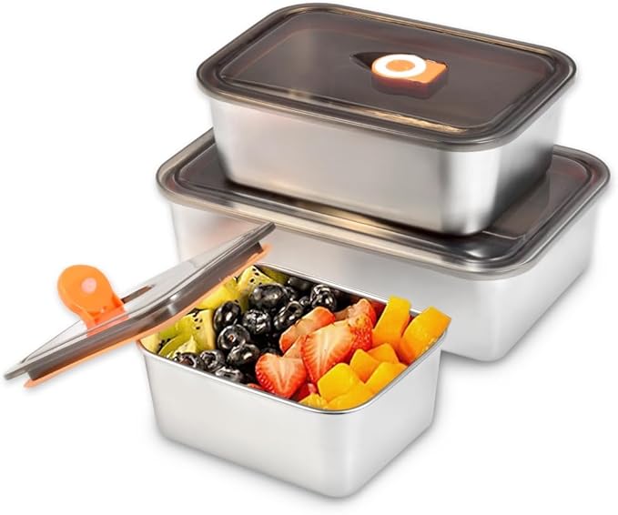 Stainless Steel Lunch Box Container with Lid, Pack of 3 Bento Snack Boxes for Work, Travel or Picnics, Dishwasher Safe, 25oz, 45oz, 65oz