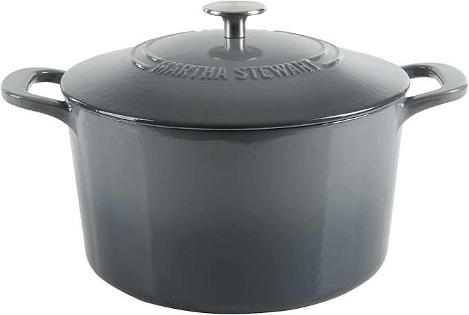 MARTHA STEWART Gatwick 7-Quart Enamel Cast Iron Dutch Oven – Classic Grey – Durable Heavy-Duty Dutch Oven for Slow Cooking, Braising & Baking