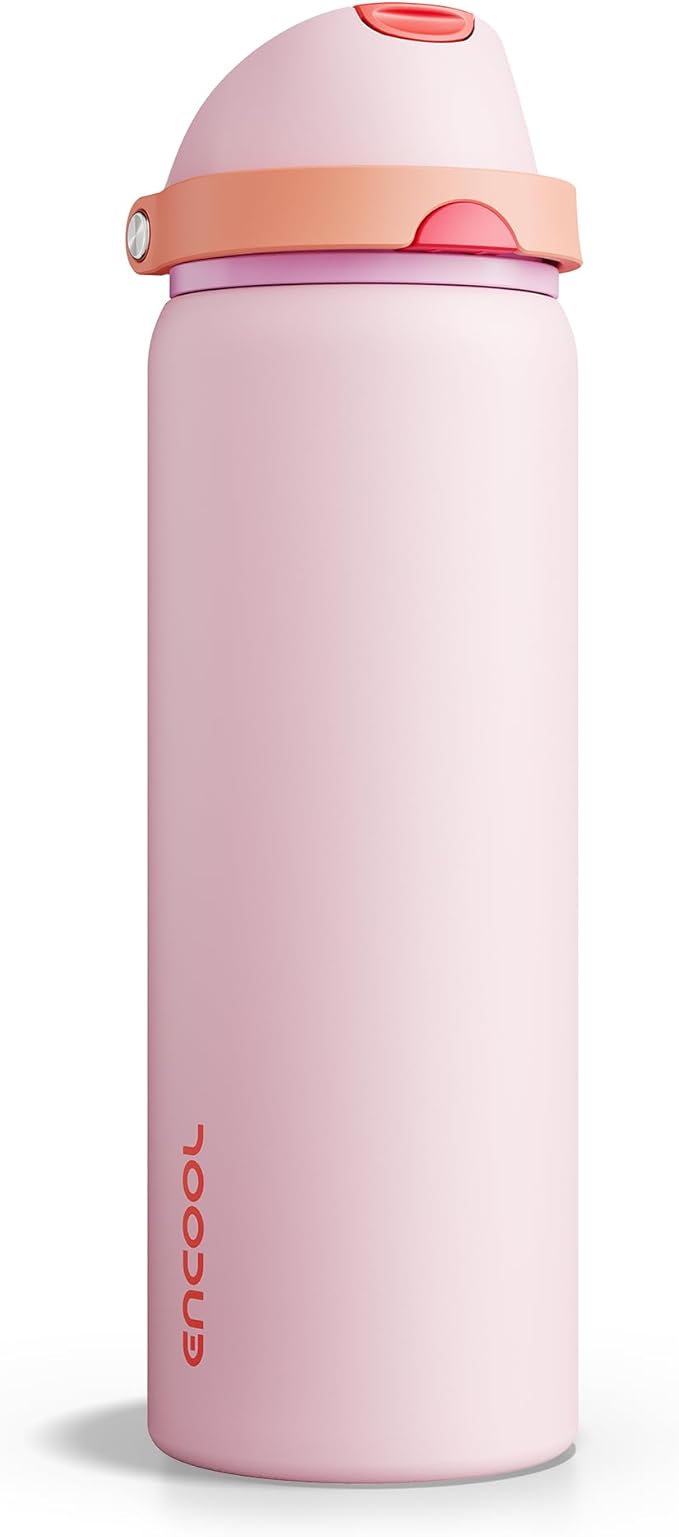 Insulated Water Bottle with Straw - Encool Stainless Steel Water Bottle with Push Button Lid, Leak-Proof & BPA-Free, Keeps Cold for 24 Hours for Sports, Travel, Gym (32 oz, Lily-Red)