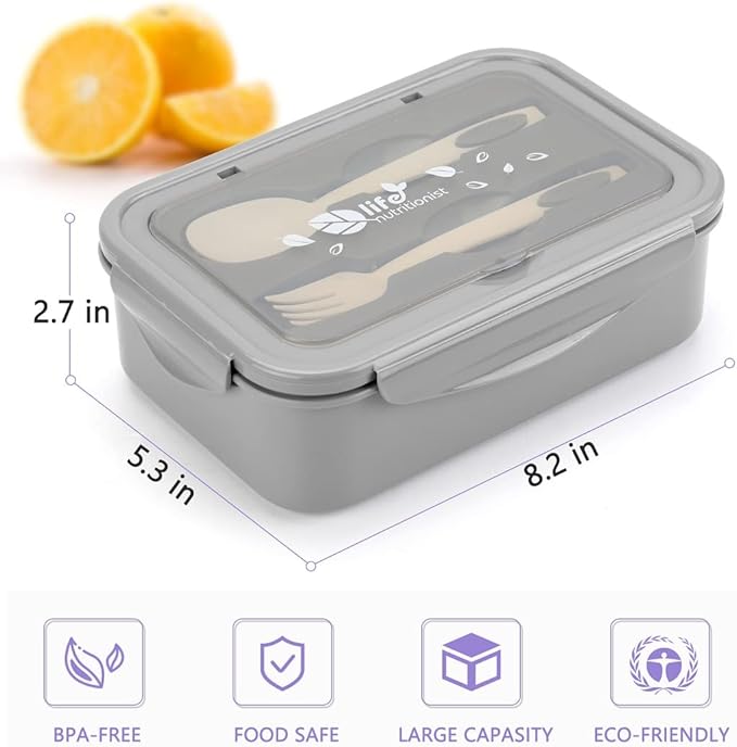 LOVINA Bento Boxes for Adults - 1100 ML Bento Lunch Box Container For Kids With Spoon & Fork - Durable Perfect Size for On-the-Go Meal, BPA-Free and Food-Safe Materials(Grey)