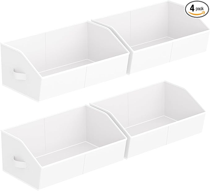 Storage Bins for Shelves - Large Trapezoid Closet Shelf Organizer, Fabric Organization Bins with Handles, Storage Baskets for Clothes, Towel, Purse, 4 Pack, White