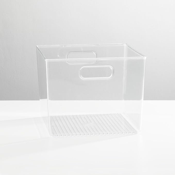 mDesign Small Modern Plastic Storage Organizer Bin Basket with Handles for Home Closet Organization - Shelf, Cubby, Cabinet, and Cupboard Organizing Decor - Ligne Collection - Clear