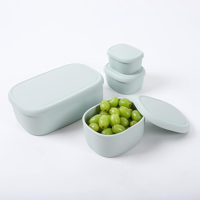 BLUE GINKGO Nesting Silicone Containers - Large Silicone Food Storage Container | BPA Free, Airtight, Dishwasher and Freezer Safe (47.5 oz) - Green