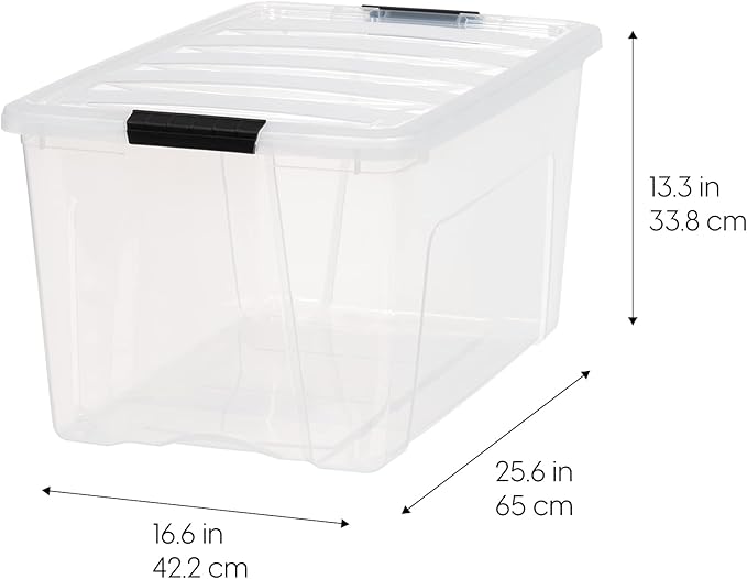 IRIS USA 72 QT Plastic Storage Box with Lid and Latches - 4 Pack - BPA-Free, See-Through Organizing Solution, Durable Nestable Stackable Containers, Secure Pull Handle - Clear