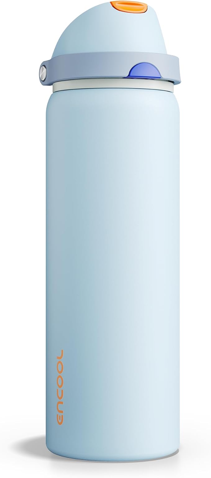 ENCOOL Insulated Water Bottle with Straw Stainless Steel Water Bottle with Push Button Lid, Leak-Proof & BPA-Free, Keeps Cold for 24 Hours for Sports, Travel, Gym (32 oz, Hazy Blue-Blue)