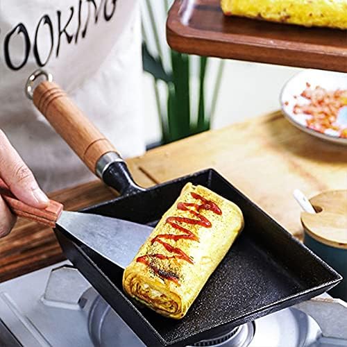 LI-GELISI Pre-Seasoned Cast Iron Tamagoyaki Pan - 9x7 Inch Japanese Rolled Omelet Pan, Non-Stick & Rust-Resistant, Ready to Use with Wood Handle, Works on All Stovetops, Camping & Kitchen