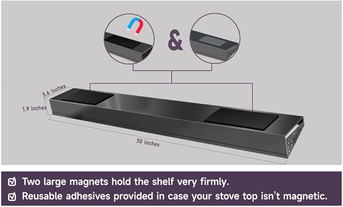 30" Magnetic Stove Top Shelf – Black Stainless Steel Spice Rack and Seasoning Organizer – Kitchen Shelf for Back of Stove – Over Stove Rack and Storage Organizer