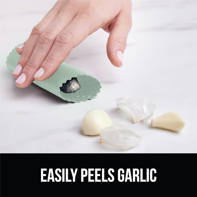 GORILLA GRIP Garlic Press and Peel Set, Heavy Duty Mincer Tool, Large Ergonomic Handle, Easily Mince and Crush Garlics, Ginger, Nuts, Seeds, Peeler Included, Peeling Cloves, Kitchen Gadgets, Mint