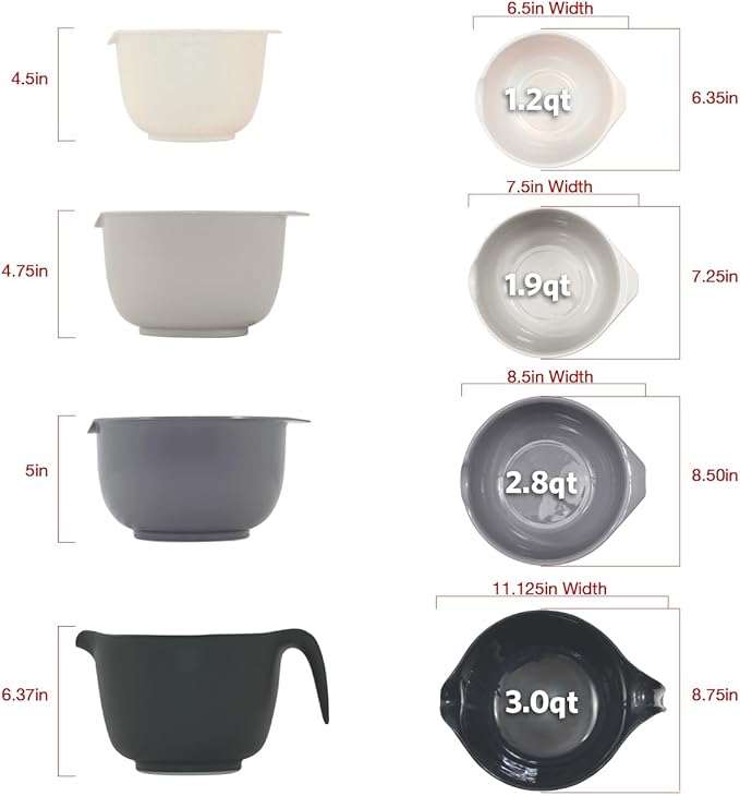 Glad Mixing Bowls with Pour Spout, Set of 4 - Nesting Plastic Bowls (1.2qt, 1.9qt, 2.8qt, and 3qt with Handle) - Non Slip Base, Dishwasher Safe Kitchen Cooking and Baking Supplies, Grey