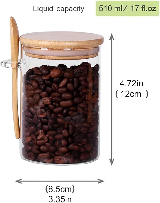 Glass Jars with Bamboo Lids and Spoon Set of 6, 17 OZ Coffee Sugar Container Set with Scoop, Overnight Oatmeal Jars Containers with Lids and Spoon for Loose Tea, Yogurt