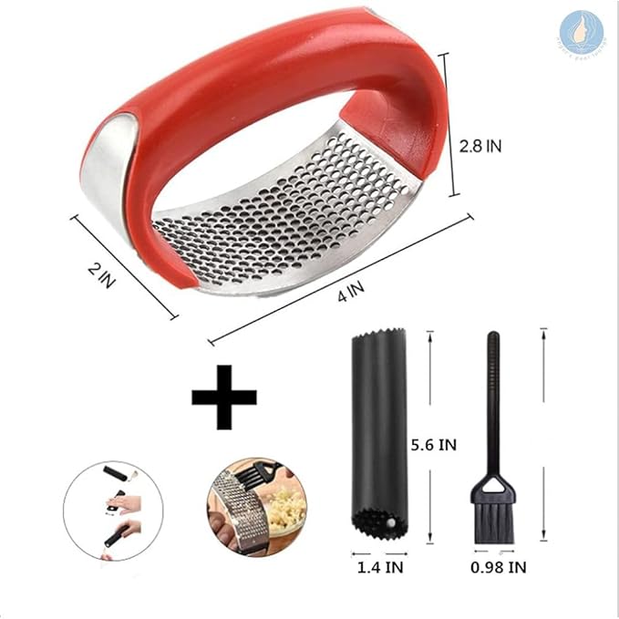 Angel's Peel Lounge Stainless Steel Garlic Press Rocker Set with Silicone Garlic Peeler & Cleaning Brush – Garlic Chopper, Mincer, Grater, Crusher – Easy for Crushed Cloves – Rust-Resistant, Red