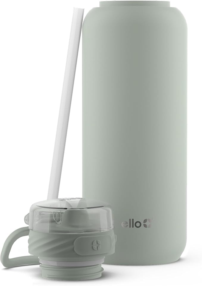 Ello Cooper 32oz Stainless Steel Water Bottle with Straw and Carry Handle, Double Walled and Vacuum Insulated Metal, Leak Proof Locking Lid with Soft Silicone Spout, Reusable, BPA Free, Sage
