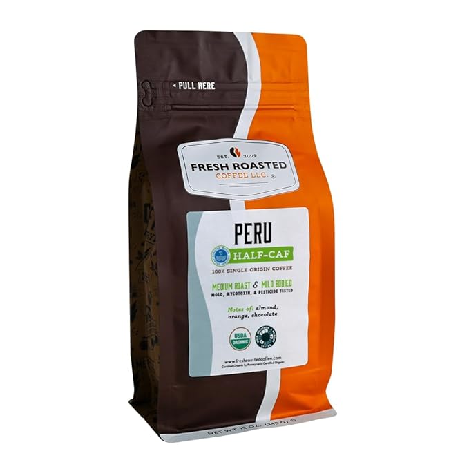 Fresh Roasted Coffee, Organic Peru Water-Processed Half-Caf | Mold & Myco 3rd Party Tested, USDA Organic, Kosher | Med Roast 12 oz Whole Bean