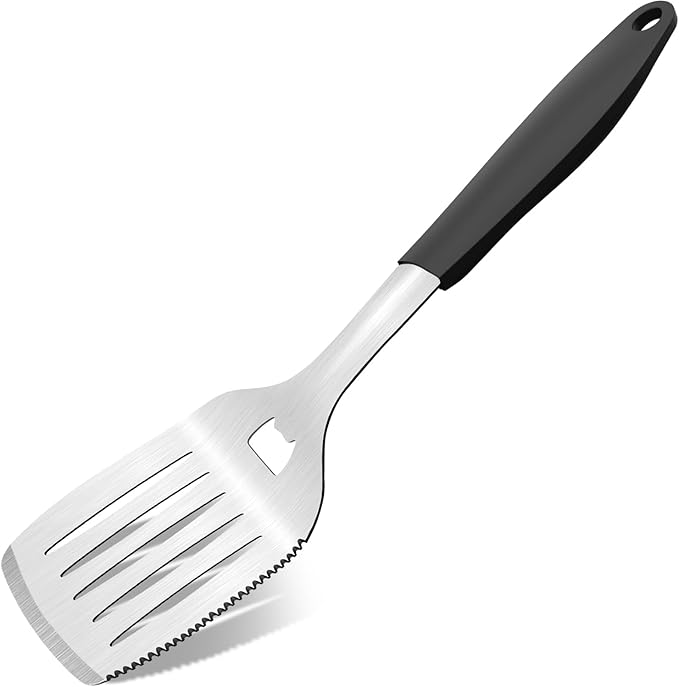 15.8'' Stainless Steel Grill Spatula for Outdoor Grill, 3-in-1 Metal BBQ Spatula Turner with Full Tang Silicone Handle and Serrated Edge, Heavy Duty Barbecue Tools Spatula for Grilling Cooking