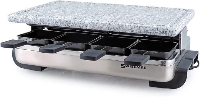 Swissmar Stelvio Raclette Party Grill with Granite Stone Non-Stick Grill Plate/Crepe Top, Outdoor & Indoor Electric BBQ Grill, Samgyupsal Griller - Brushed Stainless Steel - 8-Person - Silver