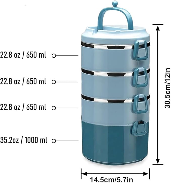 SANQIAHOME 4 Tier Stackable Stainless Steel Lunch Box Sealed(blue, 4 layers) with spoon and fork