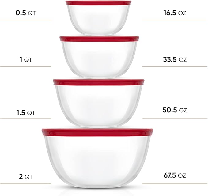 JoyJolt Kitchen Mixing Bowls - 8pc Glass with Lids Set – Neat Nesting Large Bowl Batter Cooking Storage and Big Salad BPA-Free Red